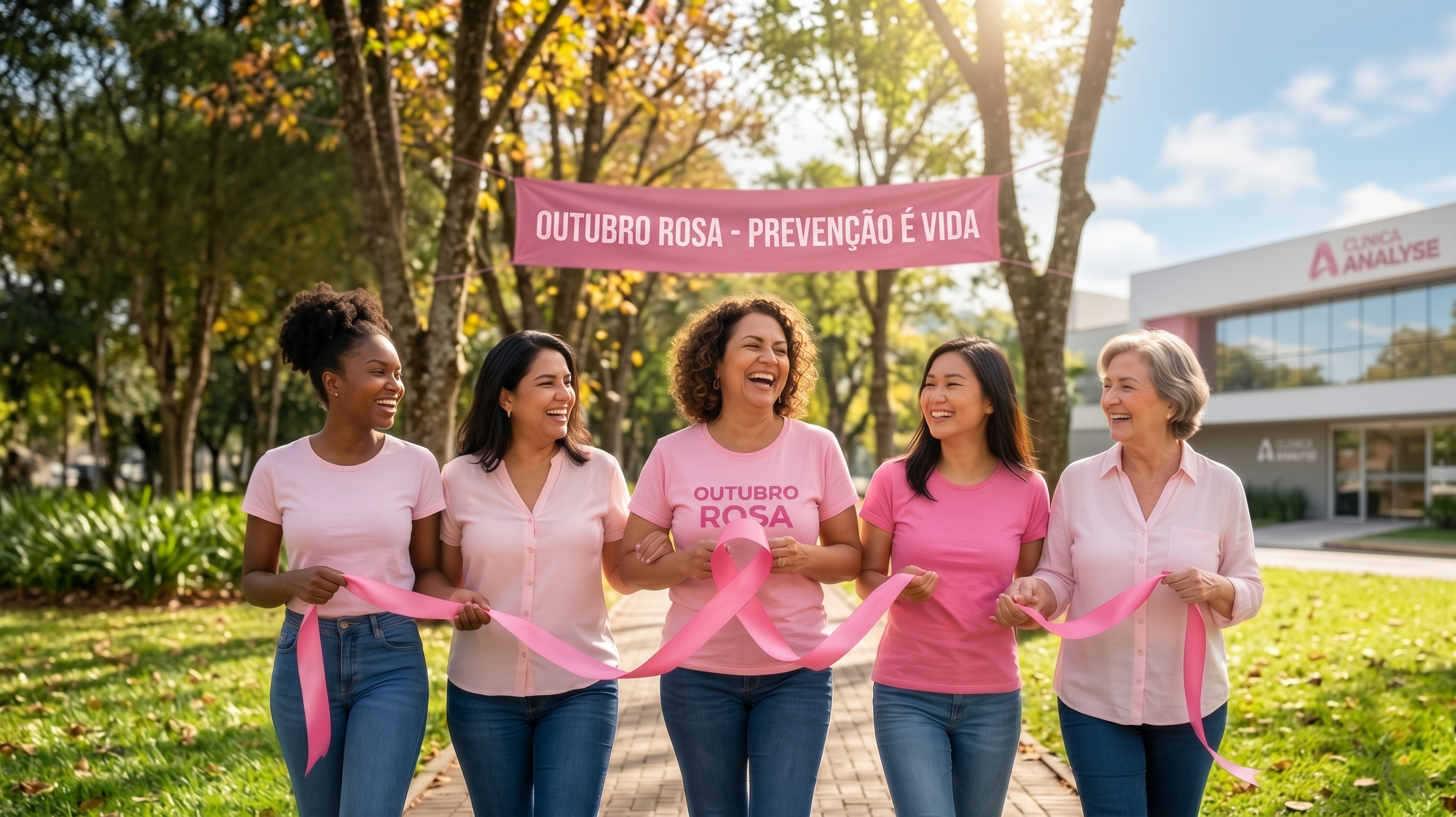 Cinco mulheres reunidas com um laço rosa em frente à Clínica Analyse durante a campanha Outubro Rosa