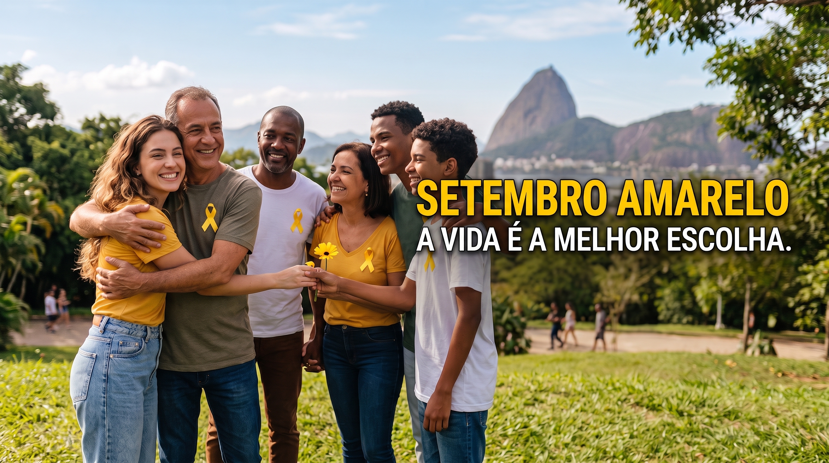 Pessoas reunidas em um parque durante a campanha Setembro Amarelo, com a mensagem: a vida é a melhor escolha